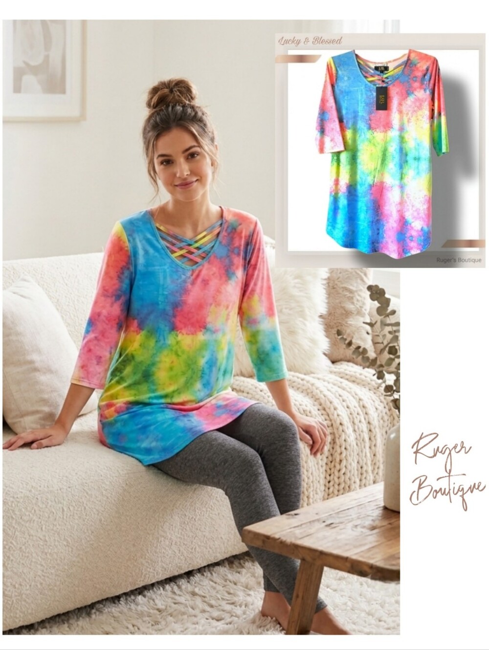 🌿Lucky & Blessed Women's Tie-Dye Cross Strap 3.4 Sleeves Tunic NWT